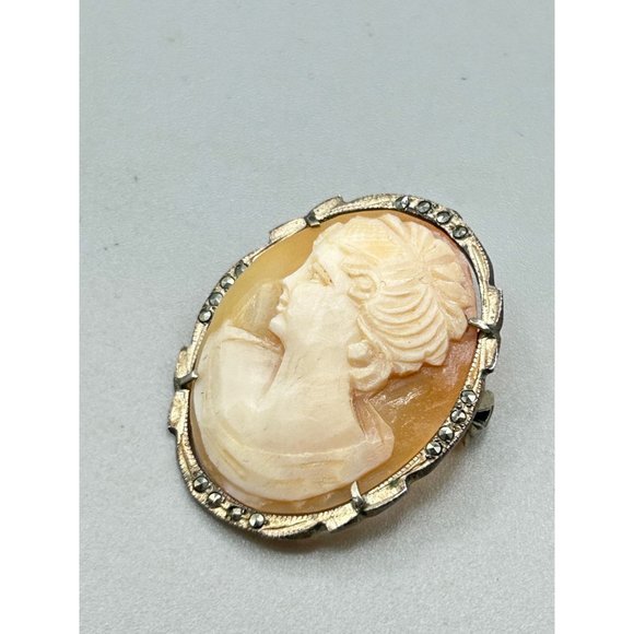 Silver 800 Genuine Carved Shell Cameo Brooch Pendant Vintage Facing Left Cameo - Picture 5 of 8